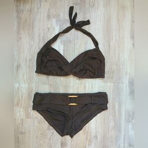 Vintage Y2K Brown Bikini Set XL | Twist Front Top Belted Bottoms Bamboo Buckle